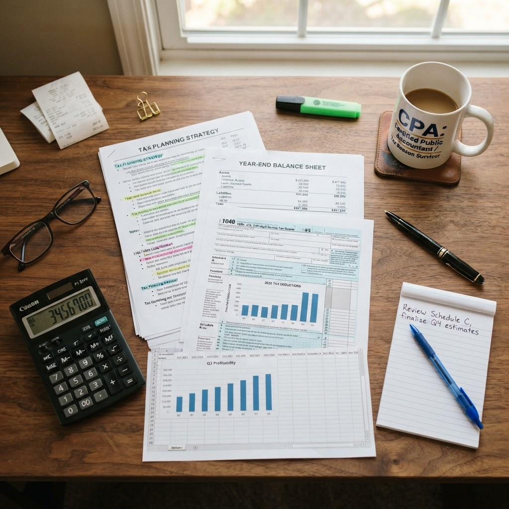 Tax planning documents and calculator on an accountant's desk