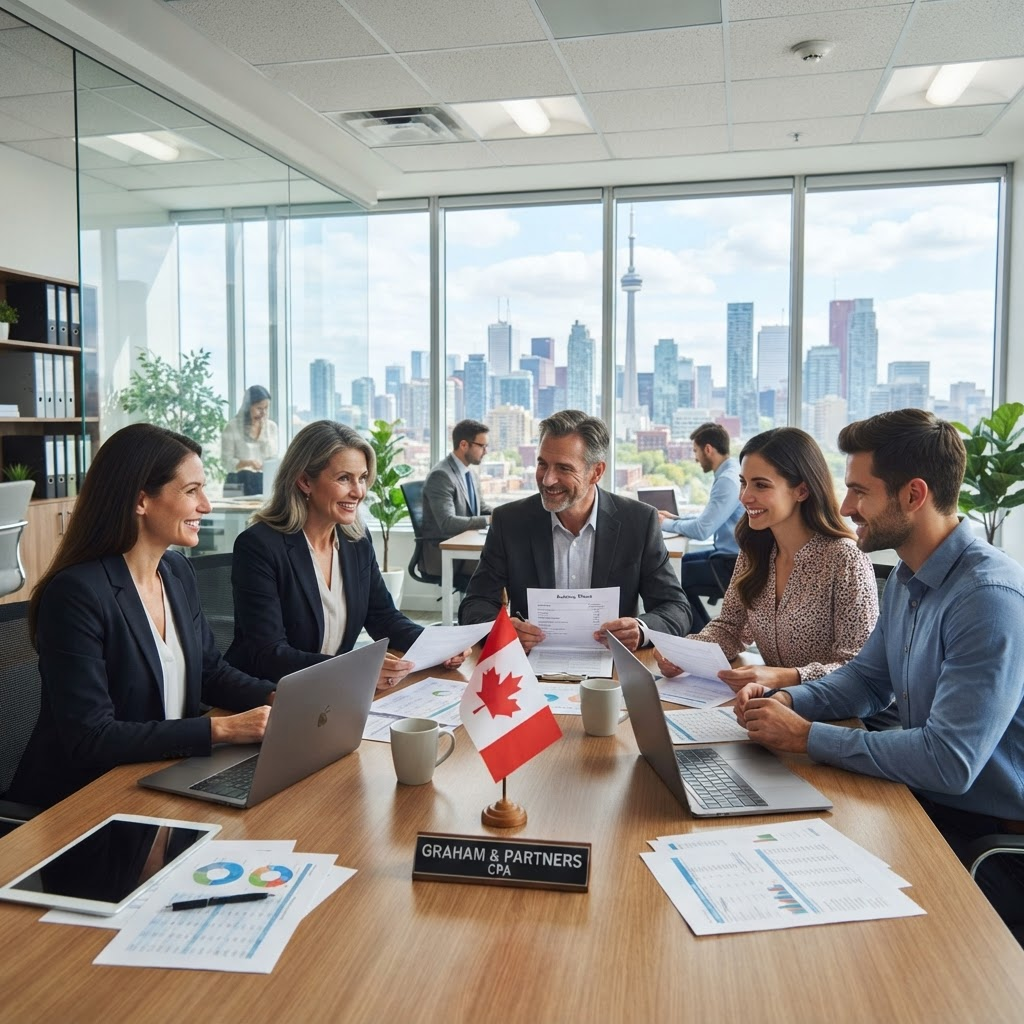 Professional accounting team meeting with a Canadian small business client